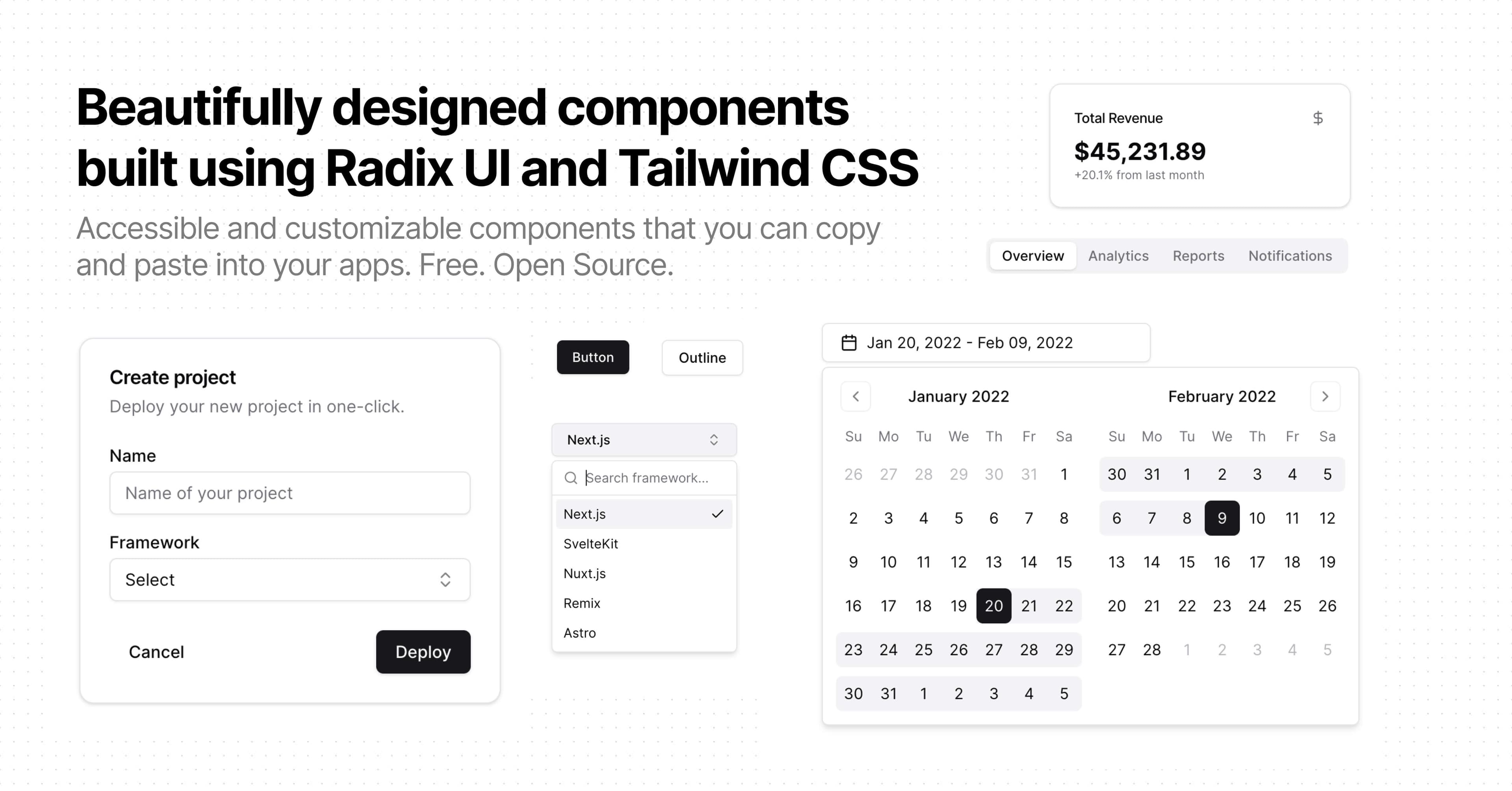 shadcn/ui components built with Radix UI and TailwindCSS