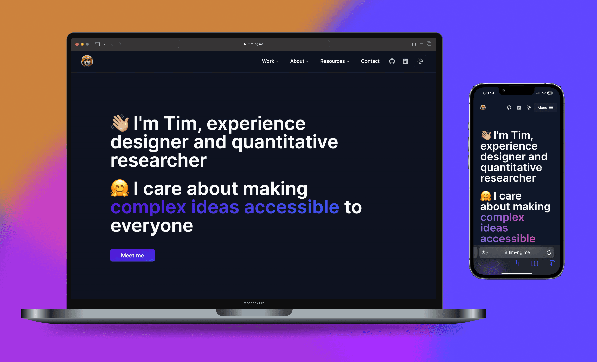 Mockups of Tim's portfolio website on desktop and mobile