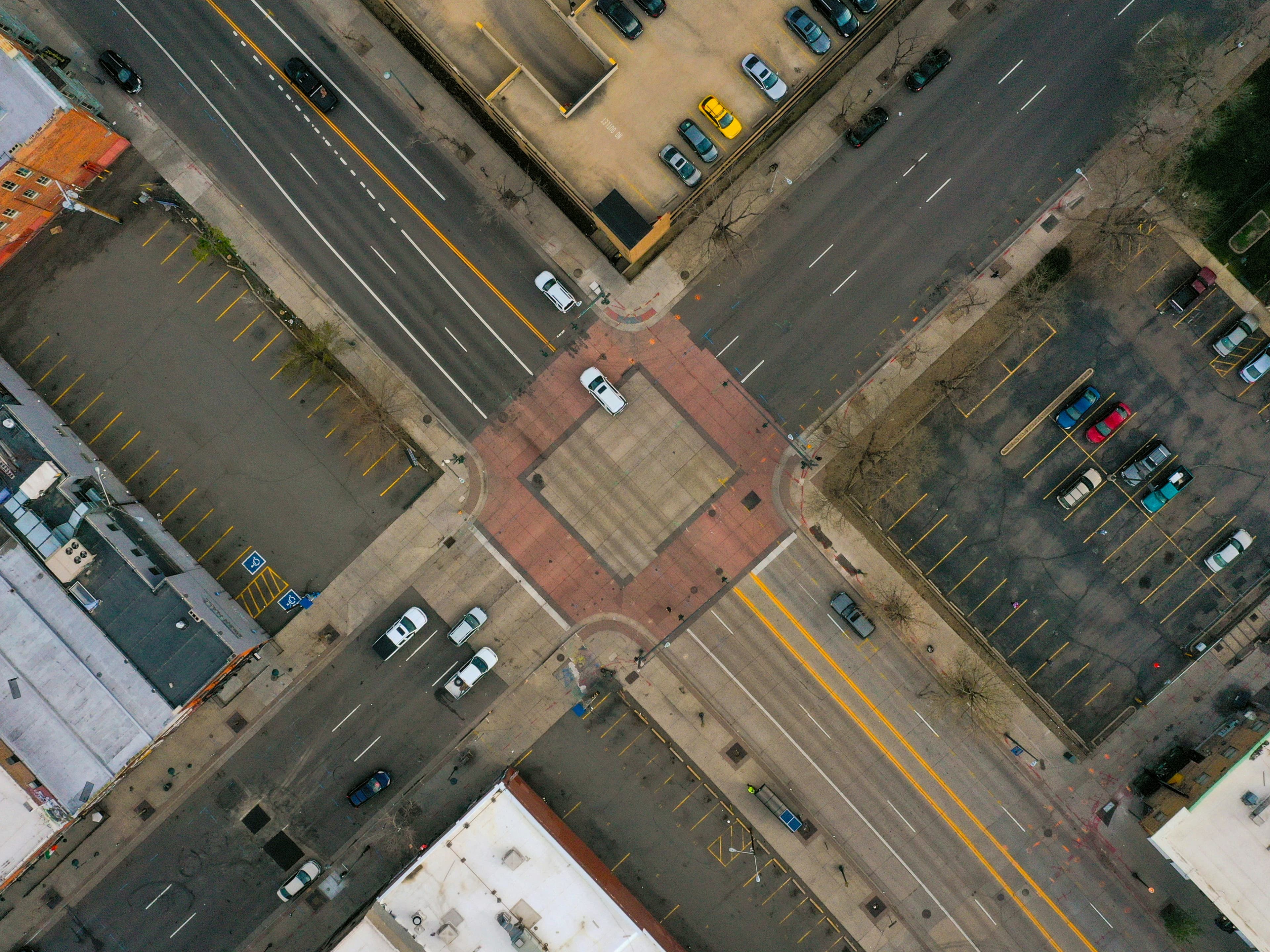 An aerial view of an urban intersection.